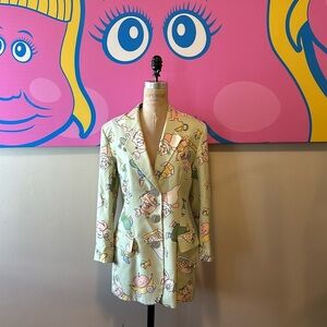 Moschino Couture Cat Dog Baby Cartoon Mint Green Silk Blazer Jacket Vint…